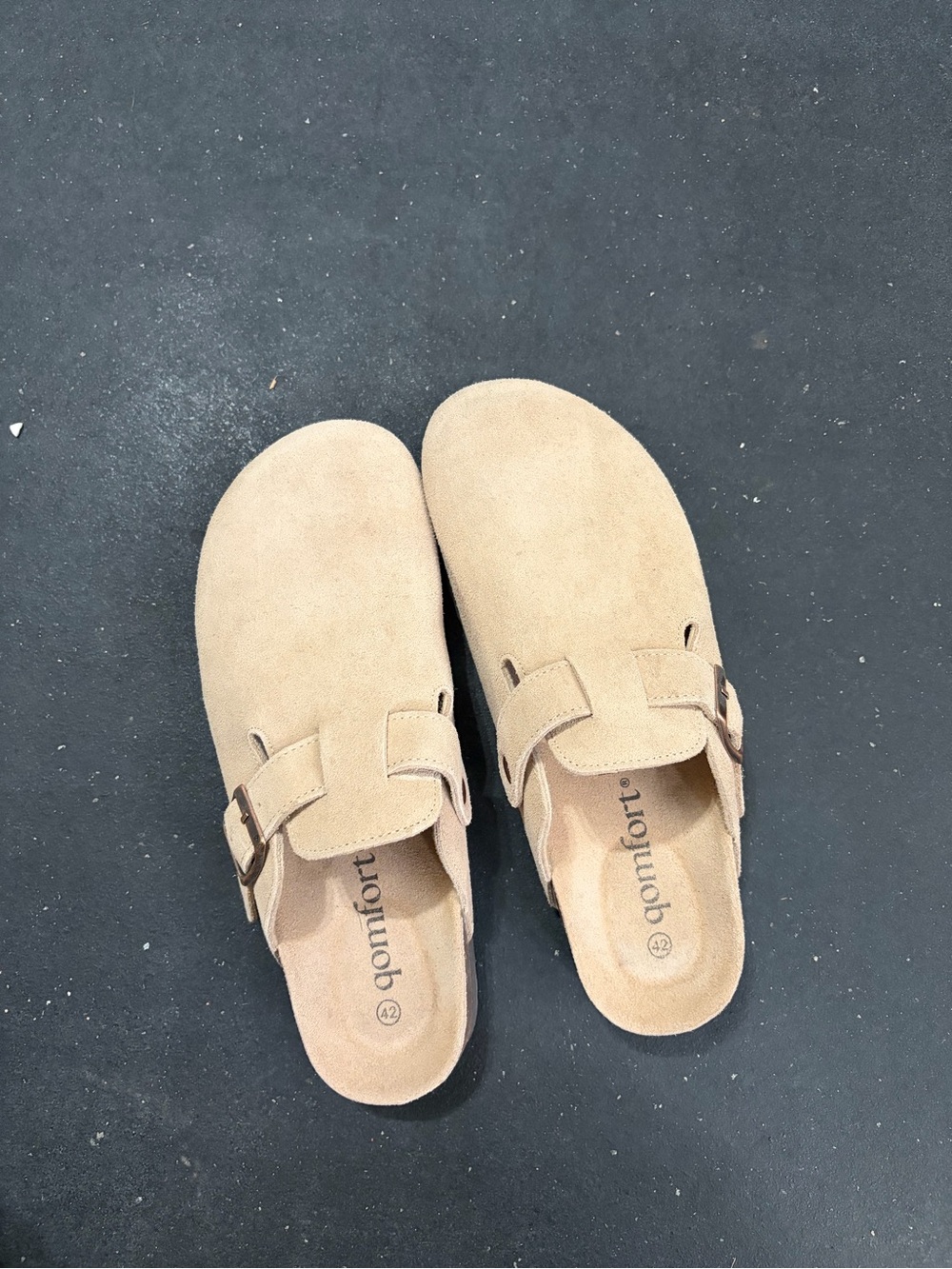 Beige Suede Slip-On Clogs with Adjustable Buckle